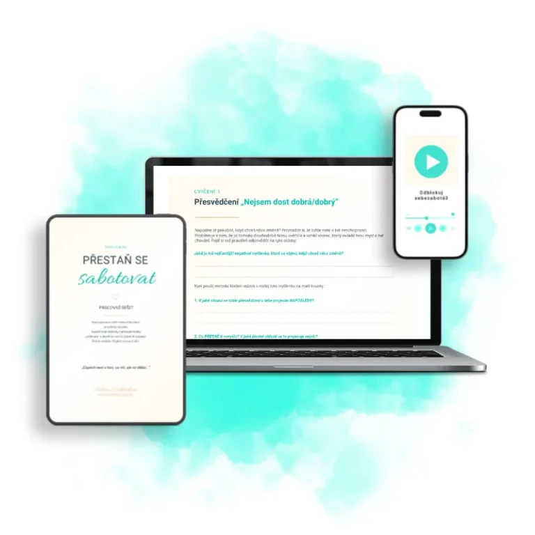 Mockup zařízení: Moderní responzivní webový design zobrazený na&nbsp;notebooku, tabletu a&nbsp;mobilním telefonu s&nbsp;tyrkysovými akcenty.
